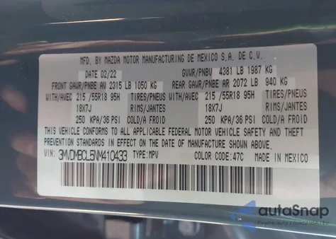 2022 Mazda Cx-30 Carbon Edition из США, поврежденный, VIN 3MVDMBCL5NM410433